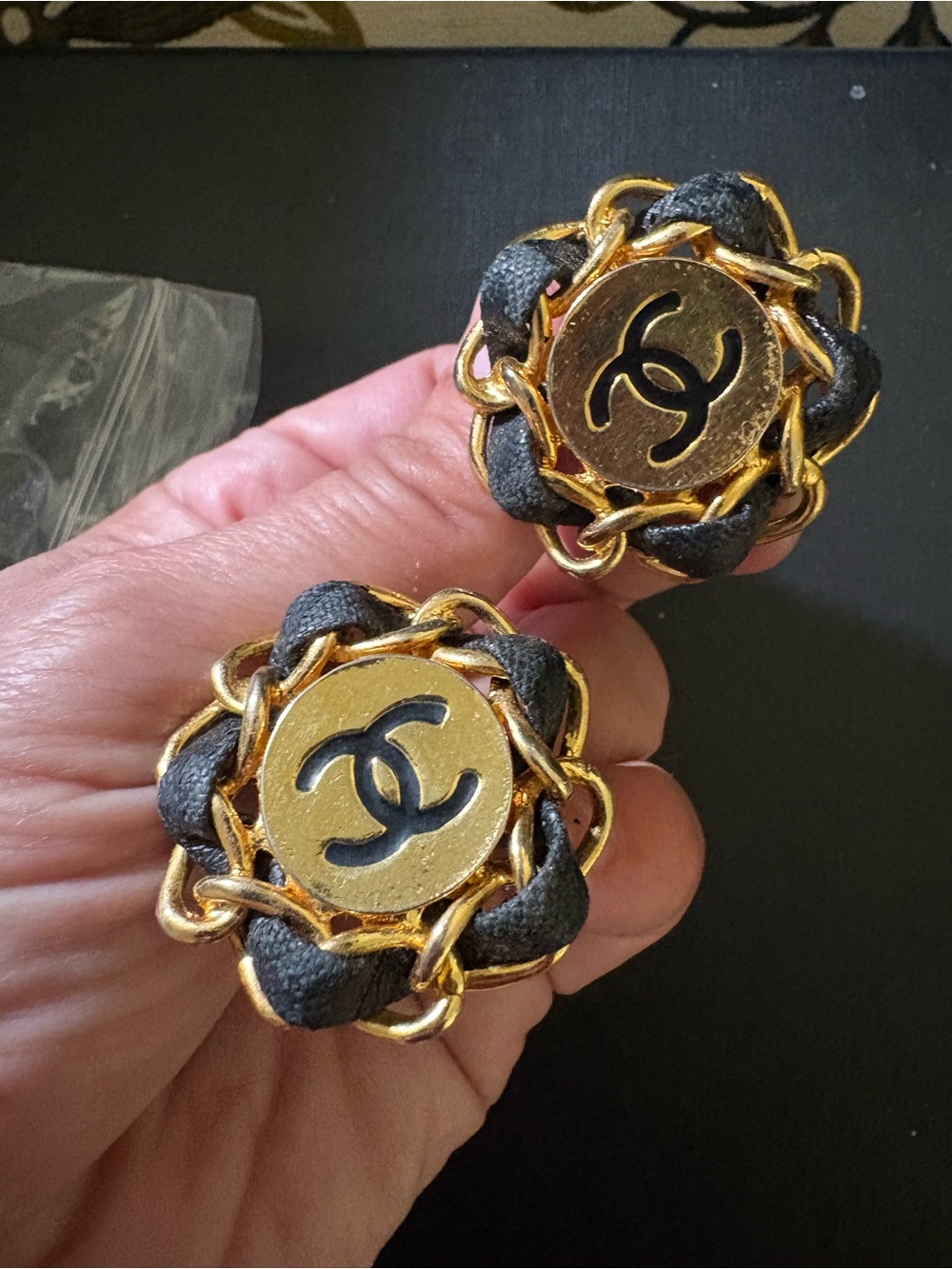 CHANEL Gold and Black CC Logo Chain-Trim Clip-On Earrings